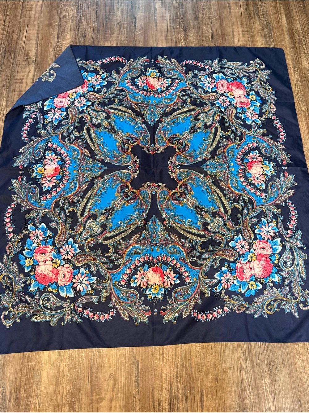 Corciova 40” x 40” Silk Scarf Floral Paisley Decorative Throw - Navy Blue